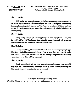 Đề thi chọn học sinh giỏi môn Lịch sử Lớp 9 - Năm học 2014-2015 - Sở giáo dục và đào tạo Vĩnh Phúc (Có đáp án)